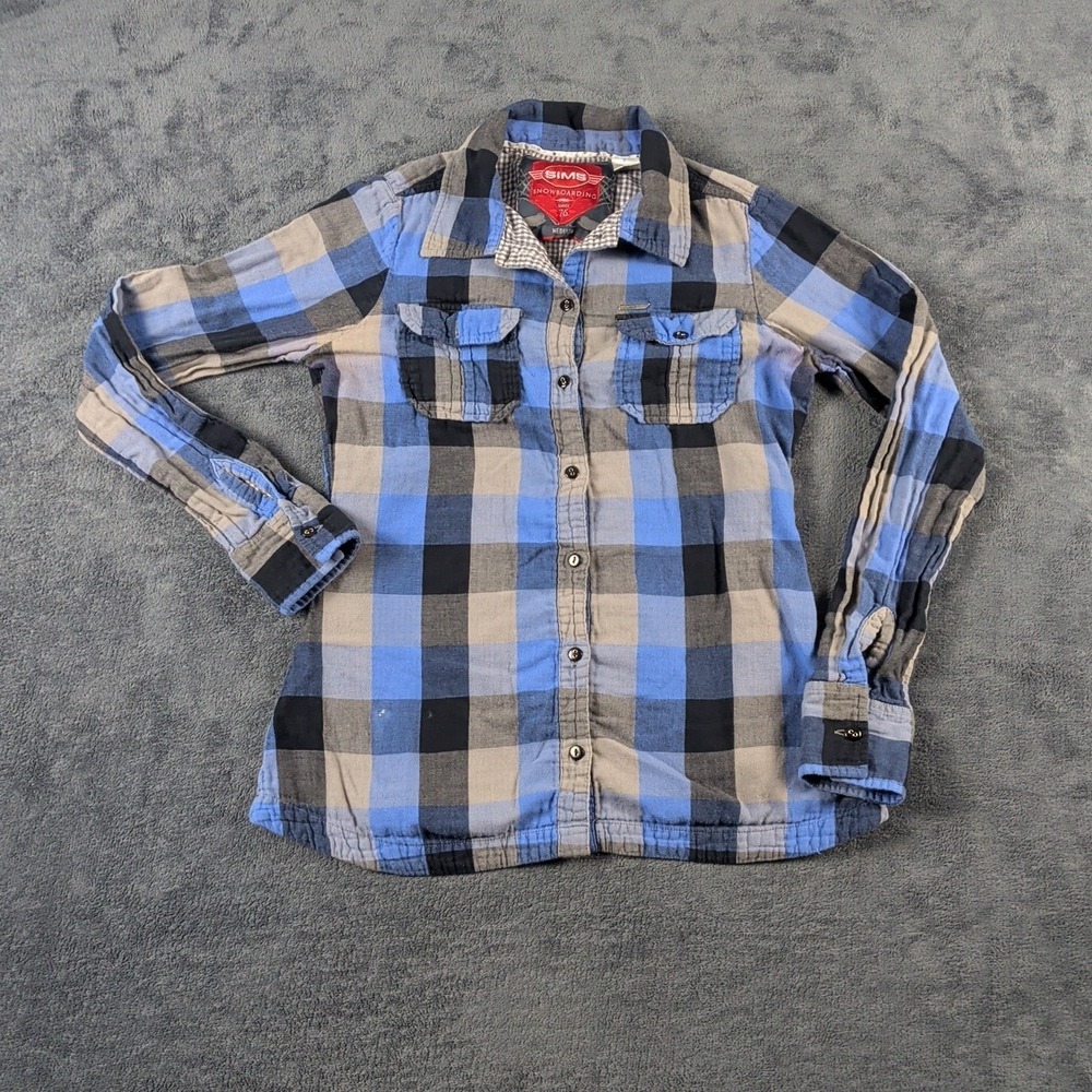 Sims Shirt Womens Large Snowboarding Blue Plaid Long Sleeve Cotton Button